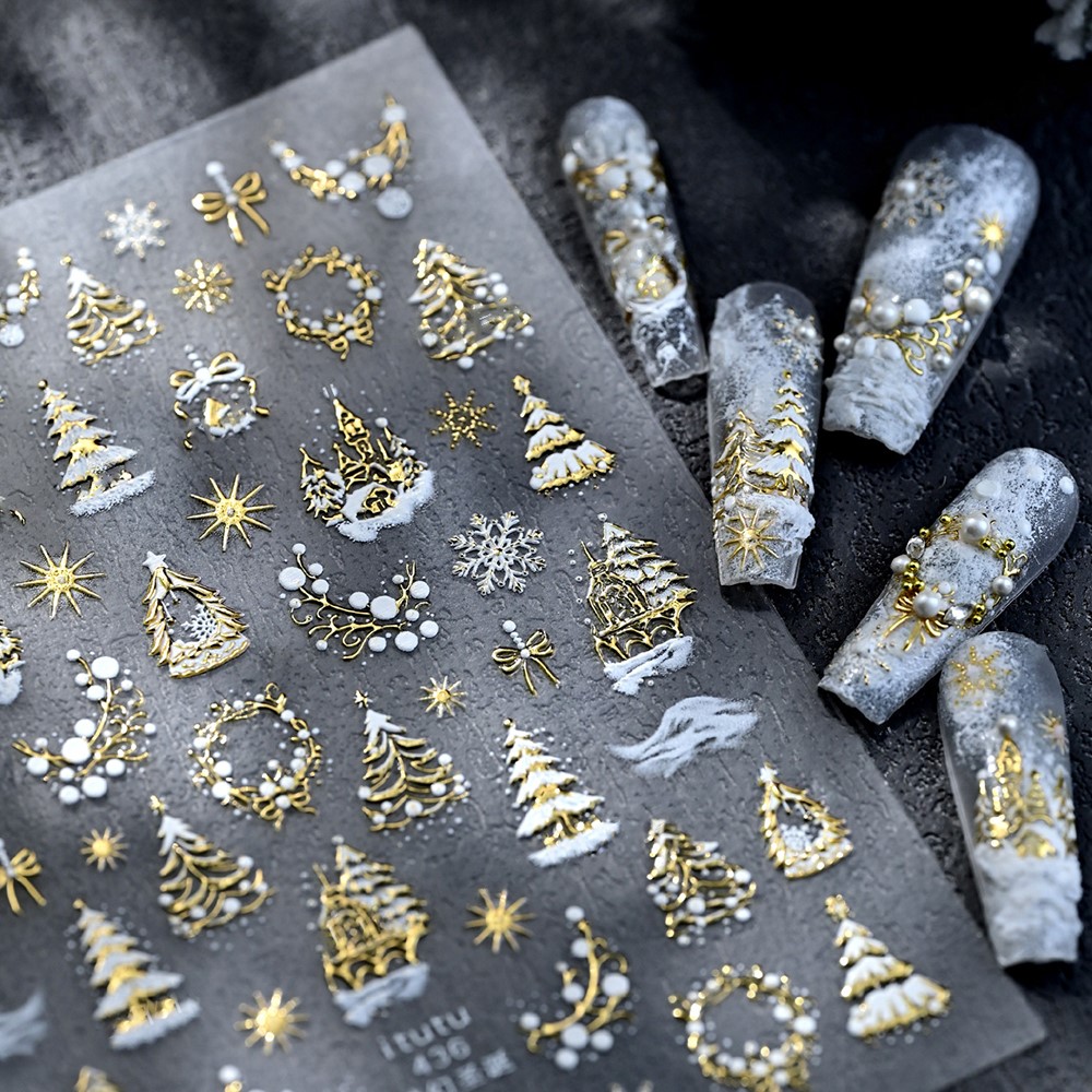 Nail Art Xmas - 5D geprägte Gold Schloss/Girlande/Weihnachtsbaum Nagelaufkleber weiße